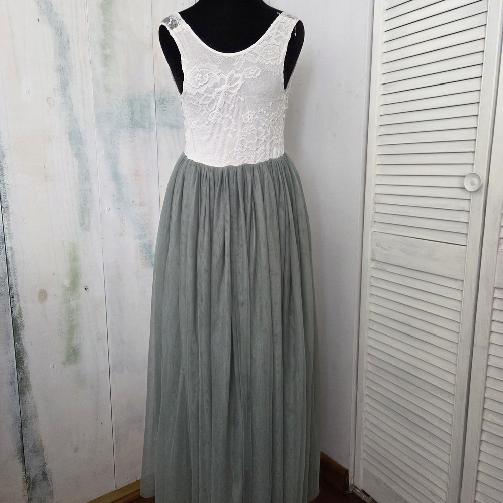 Elegant White and Sage Lace Tulle Girls Dress